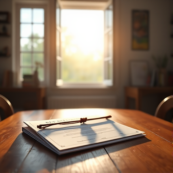 diplôme posé soigneusement sur une table en bois lumière douce de matin filtrant par une fenêtre ouverte, ambiance studieuse