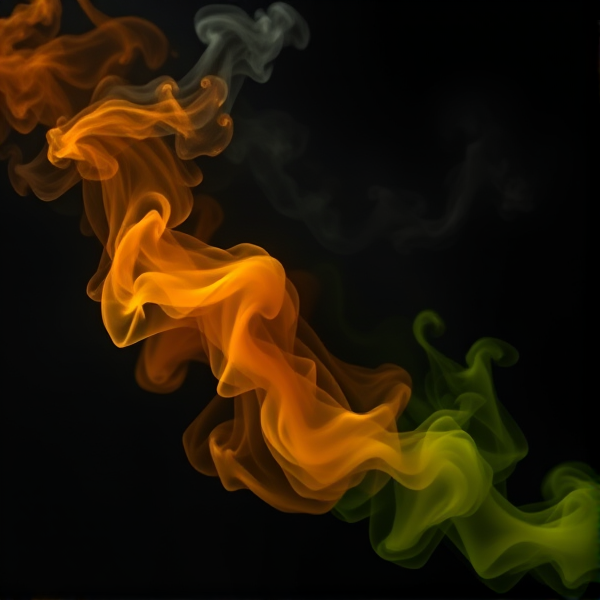 Create a black background with smoke and the colors orange green and yellow in the middle