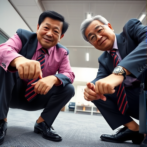 Deux hommes d affaires japonais senior accroupis qui regardent la caméra 
Chemise rose foncée et longue cravate rayée large. Ils claquent des doigts 

Vue contre-plongée