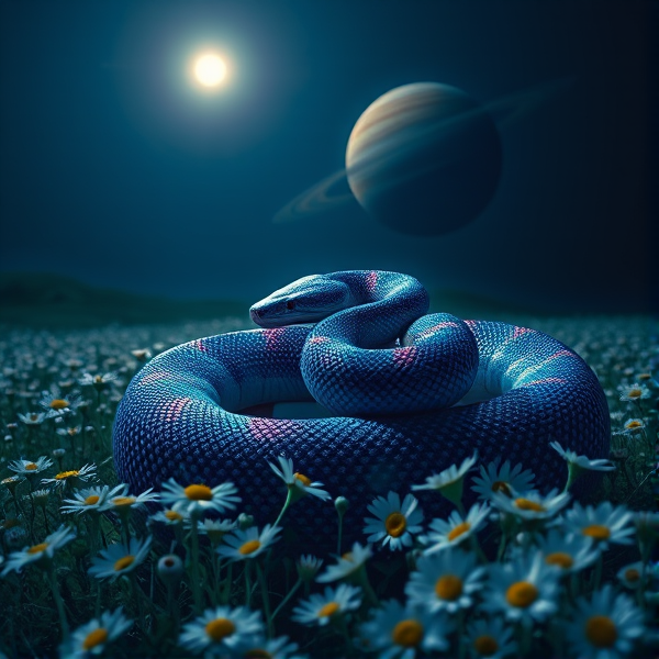 a dark blue and rainbow shimmer ball python in a field of daisies and a sun glow and a Saturn behind it