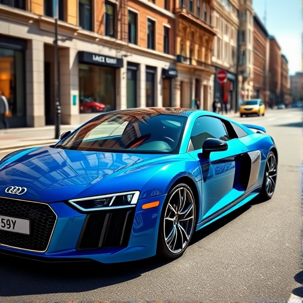 A sleek Audi R8 in a vibrant shade of blue parked on a sunlit city street, the metallic paint gleaming under clear skies, with sharp details reflecting its elegant design and sporty stance