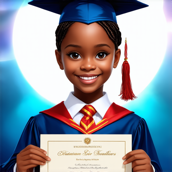 jeune fille noire de huit ans avec des tresses africaines traditionnelles, habillée élégamment pour une cérémonie de remise de diplôme, tenant son certificat, souriante et fière