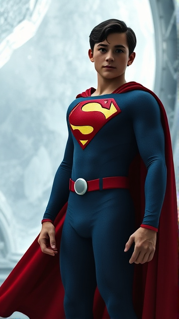 1990's Movie Scene: Jon Kent, AKA Superboy, the young little 12-year old super son of Superman, and the first kid to be born as the world's first Half-Kryptonian child, with an extremely muscular body, the iconic costume, the singular curled bang sticking out at the front of his flat and smooth hair, and a long cape, standing in his secret icy crystal lair in the Arctic, the Fortress Of Solitude, ready for action as he prepares to take flight for the first time so he can honor his deceased father's legacy and fulfill his destiny.