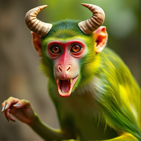 A vividly green monkey with an elongated pink snout tipped with sharp fangs, a prehensile tail ending in a hand-like appendage, pronounced horns atop its head, and piercing red eyes