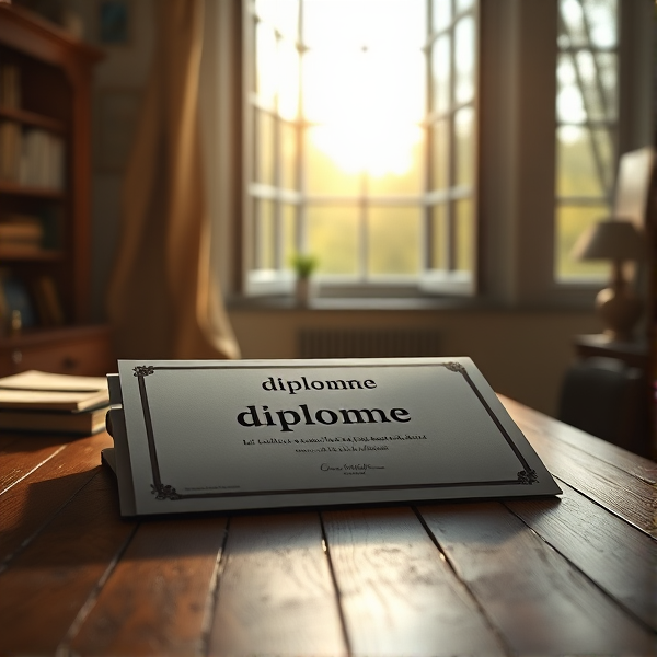 diplôme posé soigneusement sur une table en bois avec l'inscription diplôme en français lumière douce de matin filtrant par une fenêtre ouverte, ambiance studieuse