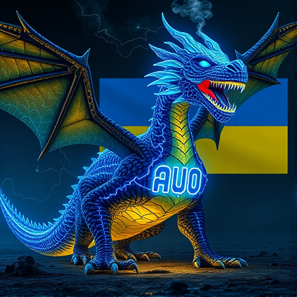 An intricately designed, streamlined wyvern, with a wing on each side of its body, bearing the vivid acronym "AUO" on its chest in a radiant, blue electric luminous font that casts an electric glow, emanating waves of intense energy. The dragon's scales are a masterpiece of detailed circuit patterns that shimmer with a lifelike electrical pulse. From its nostrils, ethereal streams of digital smoke curl upwards, timed with the deep, resonant roars that showcase its electrified sharp fangs. As a respectful nod to tribute and unity, incorporate elements of the Ukrainian flag within the composition. This majestic creature resides in a desolate post-apocalyptic landscape that accentuates its powerful presence. In the background is the Ukrainian flag, a rectangle, with the top half blue and the bottom half yellow.