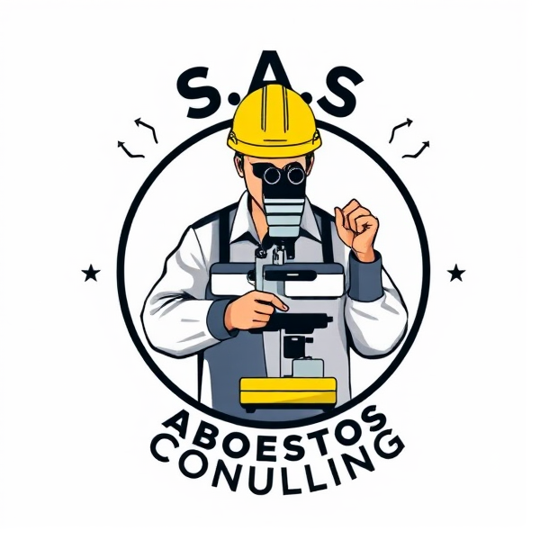 logo for S.A.S Asbestos Consulting featuring a professional asbestos assessor air monitoring pumps and microscope