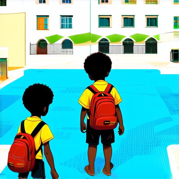 bâtiment d'une école primaire typique au gabon avec des enfants noirs avec des cartables jouant dans la cour, sous un ciel bleu clair