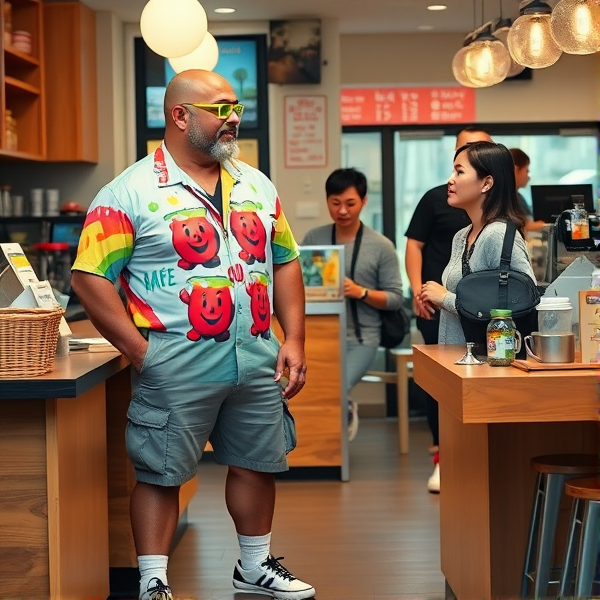 A bald 300 lb muscular man  wearing cargo shorts, a kool-aid man shirt, white socks, sketchers shoes, neon green cycling glasses, cross body bag, talking to an Asian woman cashier, at a Cafe
