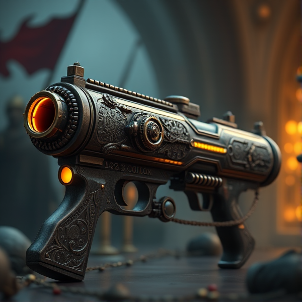 A highly detailed, intricately designed RPG mini gun with ornate patterns and engravings, featuring a mix of steampunk and fantasy elements. The weapon is set against a background that suggests an epic battle, emitting a faint magical glow along its barrel and intricate mechanism, complete with visible gears and pipes. The mini gun should look like it's made from a combination of ancient black metal and polished wood, with glowing runes etched into its surface