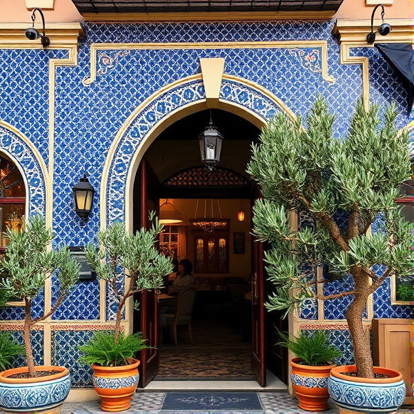 A charming Moroccan restaurant facade with blue mosaic tiles, arched doorway, and hanging lanterns, potted olive trees framing the entrance