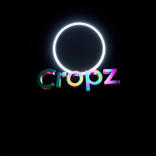 Highly detailed, high-contrast 3D logo with the text "Cropz" prominently emerging in bold, raised lettering against an abyssal inky black background. The "Cropz" text is designed with a cutting-edge futuristic aesthetic, utilizing a bold, sans-serif typeface that appears to spring forth from the void. The palpable depth of the design is accentuated by a concentrated circular beam of brilliant white light originating from an unseen source above, casting sharp and defined shadows that traverse the logo's contours, thereby enhancing its sleek futuristic appeal. The surfaces are treated with a reflective metallic sheen that interacts dynamically with the light, revealing a prismatic spectrum of vivid colors which transition fluidly across its form in intense gradations akin to iridescence; this effect imparts a sense of tangible depth reminiscent of the richly textured animations characteristic of Pixar films. With pristine clarity and precise geometric shaping, the logo echoes the high fidelity visual effects synonymous with top-tier rendering engines like Unreal Engine, Octane Render, and V-Ray. The overall composition exudes an exaggerated and surreal quality that merges elements of science fiction into its core design principle while simultaneously leveraging advanced neuromarketing strategies to evoke a sense of exhilaration and arouse viewer intrigue
