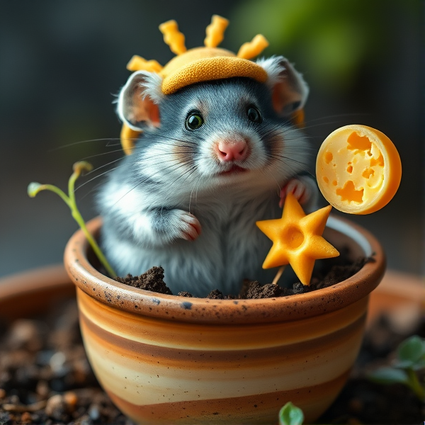 Hamster in a Saturn plant pot with potting soil and other sprouts and blue glittery fur with sage green eyes with a sunshine hat in the solar system holding a star and a moon made of Swiss cheese  in realism
