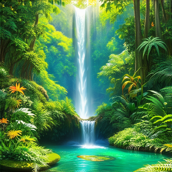 forêt tropicale luxuriante avec une biodiversité riche, cascades scintillantes et rayons de soleil perçant la canopée