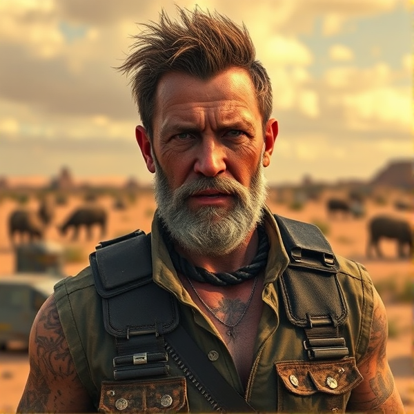 Picture of a computer game australian outback apocalypse survivor male aged 50 in a mad max style