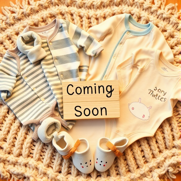 A close-up of an assortment of baby clothing including onesies, bibs, and booties neatly arranged in a heart shape on a soft woolen blanket. The colors are soft pastels, with playful patterns such as stripes and polka dots. Each item is adorned with gender-neutral designs like animals, and clouds. In the center of the heart shape, a small wooden sign, reads "Coming Soon”, in black whimsical writing. The background is warm and softly lit to enhance the cozy and welcoming atmosphere of the announcement