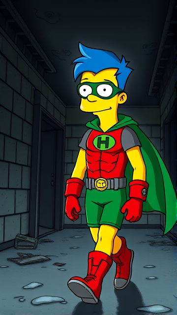 Milhouse Van Houten from The Simpsons, with his yellow skin and blue hair that's slicked back at the top, but as an 18-year old teenager, dressed as a parody of Robin, The Boy Wonder, with an extremely muscular body, a green bodysuit with a red torso adorned with a green H symbol on his chest, a grey utility belt, red boots, red long-cuffed gloves, a big green cape, and a green eye mask with optical lenses in it, now known as Houseboy, The Nerd Wonder, the other half of Springfield's Dynamic Duo, and one of the greatest vigilante superheroes ever known in Springfield. He is currently walking through an abandoned house at night, looking for clues to the mystery he is trying to solve.
