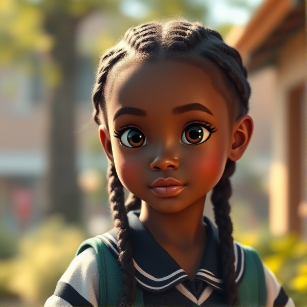 Jeune fille africaine de douze ans avec des tresses traditionnelles, vêtue d'un uniforme scolaire rentrant à la maison