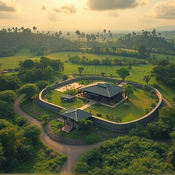 A photorealistic depiction as shot from a drone of an off grid community compound that could support 50 people and had a large wall around it and the supporting farmland. Make the compound luxury but still maintainable and eco friendly. The environment should be lush but very remote.