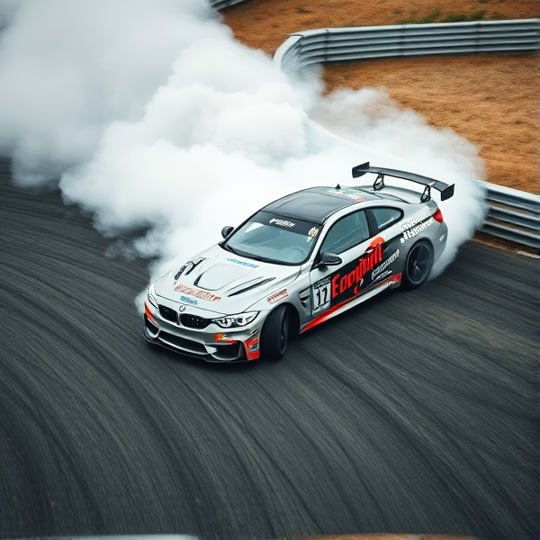 BMW M4 in a dynamic drift on an asphalt track with billowing tire smoke, aggressive stance, high speed action captured, detailed car livery showcasing sponsor logos, racing environment with trackside details like barriers and cones