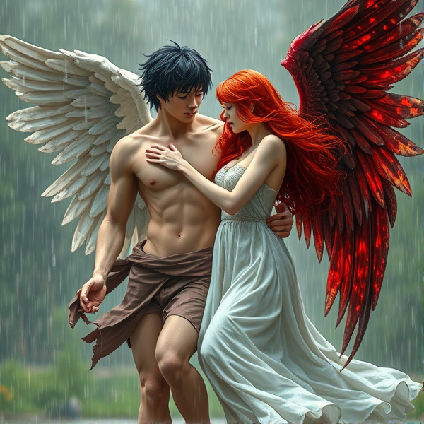Black haired Male angel and red haired female angel with broken wounded bloody wings dance in the rain