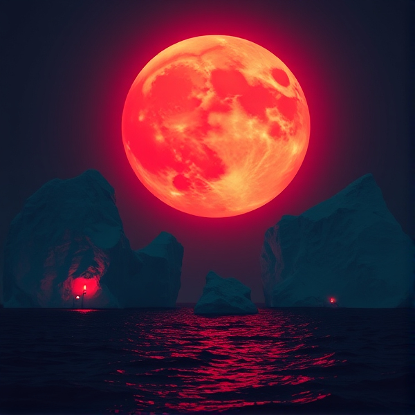 Représentation fantastique de l'illusion lunaire d'une lune rousse gigantesque en perigée à l'horizon émergeant avec une clarté mystérieuse nichée entre 2 iceberg reflétant la lumière rougesur l'océan, illuminés par leurs lanternes , avec des jeux de lumière et d'ombres accentuant l'illusion d'une scène surréelle