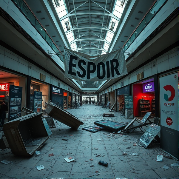 Une exposition de marketing expérientiel désertée, perdue dans les vestiges d'un grand centre commercial désormais vide. La scène montre des stands renversés et éparpillés chaotiquement, avec des structures de présentation tordues et des écrans fissurés qui évoquent un abandon précipité. Des affiches autrefois vives sont maintenant déchirées et pendent tristement, leurs couleurs délavées par le temps et l'oubli. Leurs messages marketing autrefois prometteurs se mélangent à la poussière et au débris qui jonchent le sol carrelé, fendu par endroits. Les lumières du plafond, sporadiques et vacillantes, projettent des ombres menaçantes sur les restes désordonnés de l'événement. Des dépliants promotionnels égarés flottent dans une brise intérieure mystérieuse, créant un ballet silencieux d'échos fantomatiques du passé.

Au milieu du chaos s'étend une large bannière pendante, accrochée par ses coins à quelques fils exposés du plafond; le mot "ESPOIR" est encore visible mais se perd dans la détérioration du tissu rongé par le temps. La lumière faible d'une fin d'après-midi sombre se fraye un chemin à travers les fenêtres encrassées, soulignant la triste ironie de ce lieu jadis vibrant d'activité. Cette vue mélancolique est capturée depuis un angle légèrement surélevé au centre de l'allée centrale pour offrir une perspective panoramique mettant en relief chaque détail poignant de cette exposition figée dans son silence. Le style est hyper-réaliste, accentuant les textures riches en contraste telles que le métal rouillé aux reflets ternes et les fragments étincelants de verre brisé dispersés sur le sol inégal. L'éclairage crée une ambiance sinistre qui amplifie la sensation oppressante d'un monde commercial autrefois prospère aujourd'hui tombé en désuétude