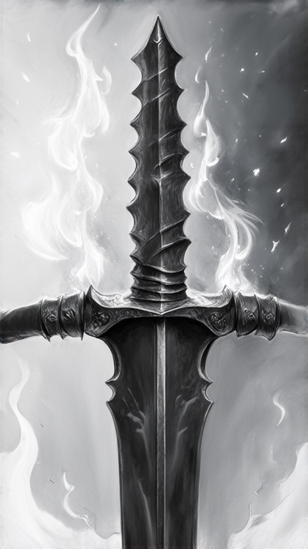 Une épée européene à double tranchant représentant l'élément du feu placée verticalement, pommeau vers le haut