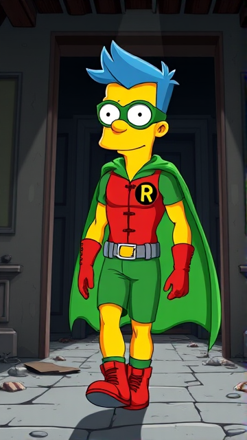 Milhouse Van Houten from The Simpsons, with his yellow skin, really big round nose, and blue hair that's slicked back at the top, but as an 18-year old teenager, dressed as a parody of Robin, The Boy Wonder, with an extremely muscular torso and arms, a green bodysuit with a red torso adorned with a green H symbol on his chest, a grey utility belt, red boots, red long-cuffed gloves, a big green cape, and a green eye mask with optical lenses in it, now known as Houseboy, The Nerd Wonder, the other half of Springfield's Dynamic Duo, and one of the greatest vigilante superheroes ever known in Springfield. He is currently walking through an abandoned house at night, looking for clues to the mystery he is trying to solve. (EXACTLY AS I DESCRIBED.)