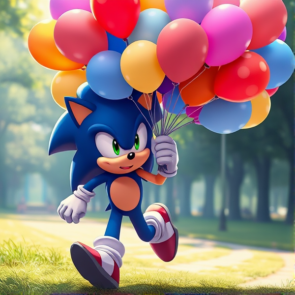 Sonic the hedgehog, holding big bunch of many colorful balloons bouquet, running, park, anime style