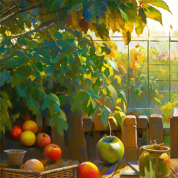 Jardin luxuriant avec diverses arbustes verdoyants, fruits et légumes entouré d'une clôture en bois