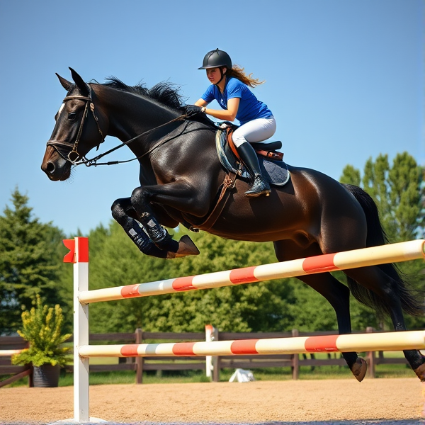 teenage girl jumping big black horse over a showjump and the horse is wearing jumping boots and saddle