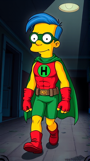 Milhouse Van Houten from The Simpsons, with his yellow skin, really big round nose, and blue hair that's slicked back at the top, but as an 18-year old teenager, dressed as a parody of Robin, The Boy Wonder, with an extremely muscular torso and arms, a green bodysuit with a red torso adorned with a green H symbol on his chest, a grey utility belt, red boots, red long-cuffed gloves, a big green cape, and a green eye mask with optical lenses in it, now known as Houseboy, The Nerd Wonder, the other half of Springfield's Dynamic Duo, and one of the greatest vigilante superheroes ever known in Springfield. He is currently walking through an abandoned house at night, looking for clues to the mystery he is trying to solve. (EXACTLY AS I DESCRIBED.)