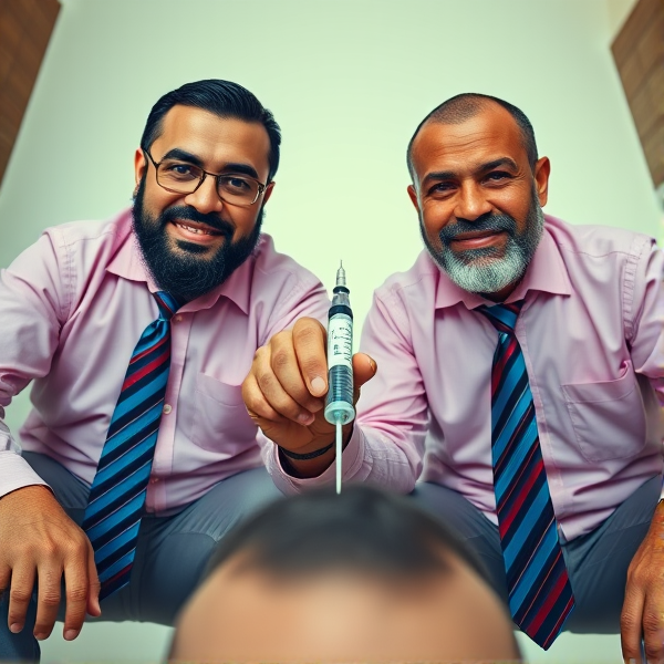 Deux hommes d'affaires seniors marocains barbus accroupis, portant des cravates longues à rayures bleutées et rouges, fixent l'objectif avec assurance tout en tenant une seringue pointée vers une tête hors du champ de vision. La scène est capturée en contre-plongée pour accentuer leur domination. Ils portent des chemises roses et arborent un sourire léger.