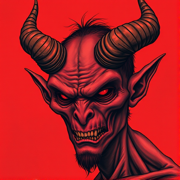 Un tête de démon avec des cornes ayant un aspect humain et rachitique tout en rouge
