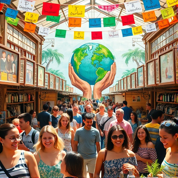 A vibrant marketplace bustling with activity, where each stall is a social enterprise showcasing sustainable products that benefit local communities. Smiling faces of diverse entrepreneurs, both young and old, interact joyfully with customers who are equally happy supporting ethical businesses. The atmosphere is one of celebration, with colorful banners overhead proclaiming the success of a social entrepreneurship fair. In the background, a large mural depicts a thriving Earth cradled in human hands, symbolizing the positive impact of social business. Sunlight filters through the scene, casting a warm glow and creating deep shadows that add to the depth and detail. The view is from above at a slight angle, capturing the dynamic interaction between people and their environment in this utopian social venture