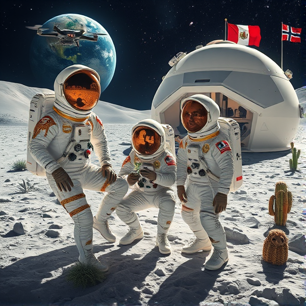 Trois astronautes, un humain et deux extraterrestres aux traits uniques et captivants, posent sur la surface lunaire recouverte d'un régolithe étincelant. À gauche, un extraterrestre avec des cheveux blond évite en apesanteur derrière son casque de verre transparent. Leurs combinaisons spatiales blanches sont embellies de motifs dorés complexes et parsemées de perles scintillantes qui brillent sous les lumières, complétées par des éléments chromés réfléchissants. Chaque combinaison affiche un écusson représentatif de leur mission spatiale respective. Ils s'accroupissent et manipulent avec précaution des outils scientifiques à la pointe de la technologie à l'aide de gants adaptés.

Dans le biodôme futuriste construit en matériaux lunaires innovants, un astronaute plante soigneusement des graines dans un jardin hydroponique baigné par une lumière artificielle mimant le spectre solaire. Les visières miroitantes reflètent le paysage lunaire désolé. Un module d'habitation domine la scène, arborant fièrement le symbole du Québec sur sa façade et offrant une vue éloignée sur la Terre à travers sa fenêtre.

Des équipements scientifiques ultramodernes côtoient méticuleusement des panneaux solaires et un drapeau du Manchester City Football Club est hissé près du module d'habitation, symbolisant l'union entre sport et exploration spatiale.

Le paysage lunaire est marqué par des cratères imposants contrastant avec les infrastructures sophistiquées. Une douce lumière enveloppe cette colonie intergalactique sous un ciel nocturne semé d'étoiles se diluant dans une teinte bleu profond outremer. Près du biodôme flotte avec fierté le drapeau acadien tandis qu'une navette spatiale extraterrestre au design raffiné est entourée par diverses créatures paisibles. Un drone subtil surveille la zone proche du fanion québécois, enrichissant ce panorama exotique où se trouvent quelques cactus lunaires et une charmante petite créature extraterrestre à côté du jardin hydroponique.argent dollard,liasse