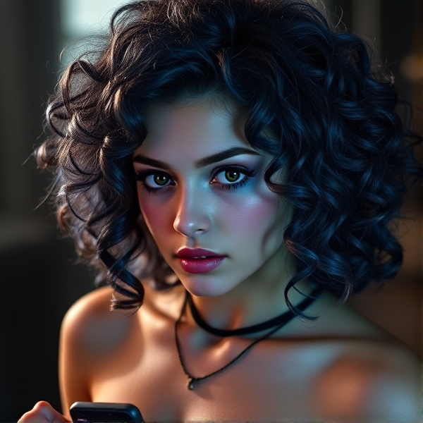 19 year old girl, villain, black and blue curly hair