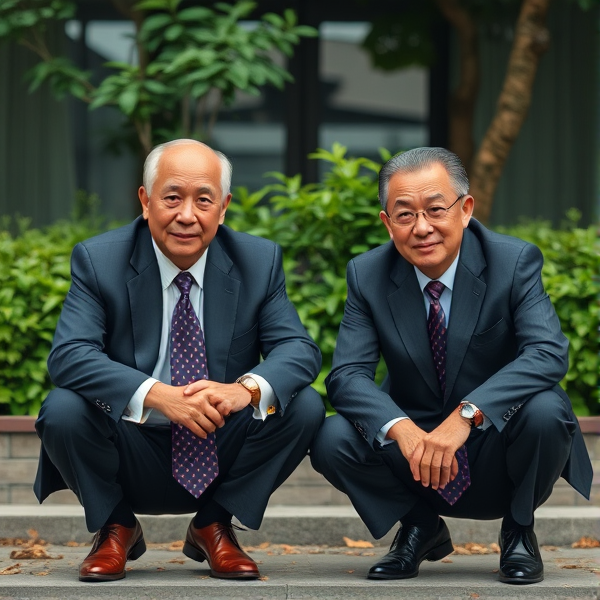 Deux hommes d affaires japonais senior accroupis qui regardent la caméra