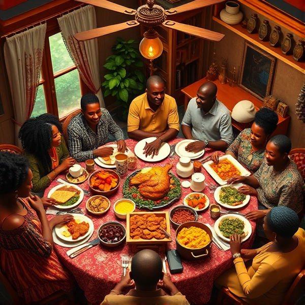 A lively African American big family gathering around a richly adorned dinner table, sharing a traditional soul food meal with dishes such as fried chicken, collard greens, macaroni and cheese, cornbread, and sweet potato pie, all set in a warm and inviting dining room filled with laughter and storytelling