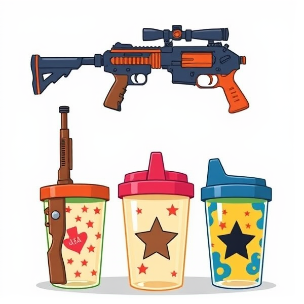 Imagine a playful yet bold illustration featuring bright, colorful sippy cups designed to resemble various firearms. Each cup could showcase unique patterns or designs inspired by military and law enforcement USA themes