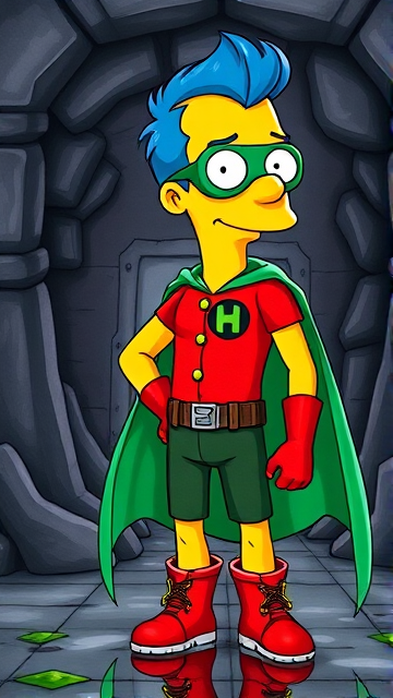 Milhouse Van Houten from The Simpsons, with his yellow skin, really big round nose, and blue hair that's slicked back and curled up at the top, but as a tall, 18-year old teenager, dressed as a parody of Robin, The Boy Wonder, with an extremely muscular torso and arms, a dark green bodysuit with a red torso adorned with a green H symbol on his chest, a grey utility belt, red boots, red long-cuffed gloves, a big, heel-length long, ultra-wide green cape, and a green eye mask with optical lenses in it, now known as Houseboy, The Nerd Wonder, the other half of Springfield's Dynamic Duo, and one of the greatest vigilante superheroes ever known in Springfield. He is currently standing in his secret high-tech underground lair, ready for action.