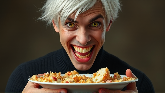 A young man personifying the vice of gluttony, his unkempt white hair partially veiling intense yellow eyes that radiate a voracious hunger. His visage is marked by a manic grin, showcasing needle-like teeth. Contradictorily slender, his physique belies the enormity of his appetite. Clad in a form-fitting black turtleneck sweater, he grips a chaotic, crumb-strewn plate with remnants of a feast.