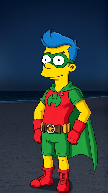 Milhouse Van Houten from The Simpsons, with his yellow skin, really big round nose, and blue hair that's slicked back and curled up at the top, but as an 18-year old teenager, dressed as a parody of Robin, The Boy Wonder, with an extremely muscular torso and arms, a green bodysuit with a red torso adorned with a green H symbol on his chest, a grey utility belt, red boots, red long-cuffed gloves, a big green cape, and a green eye mask with optical lenses in it, now known as Houseboy, The Nerd Wonder, the other half of Springfield's Dynamic Duo, and one of the greatest vigilante superheroes ever known in Springfield. He is currently standing on the beach at night, taking a break from his heroic duties to reflect on his growth and transformation into the vigilante he has become.
