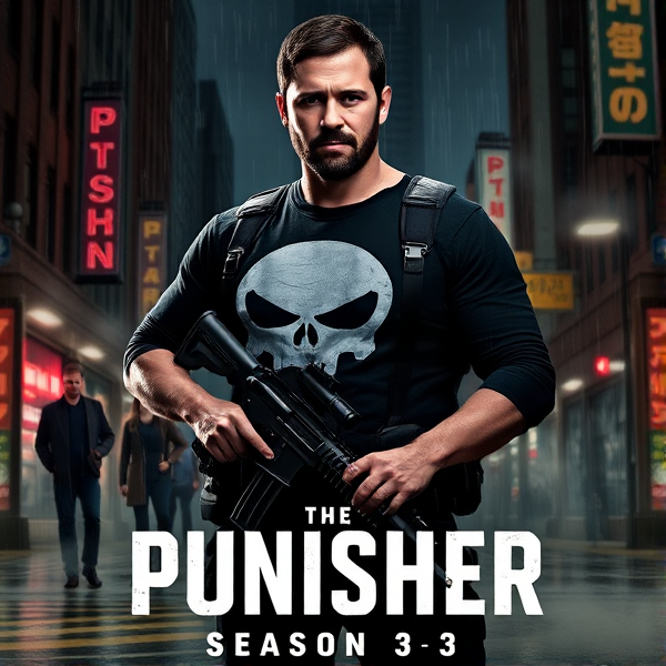 The Punisher Season 3 poster featuring Jon Bernthal in full Punisher gear standing in a gritty urban landscape at night, the iconic skull logo emblazoned on his chest, gripping a custom assault rifle. Intense and determined expression on his face, rain-drenched setting with steam rising from the streets, neon signs flickering in the background. Dark and moody color palette with touches of red to signify danger and bloodshed. Supporting characters positioned subtly in the shadows, hinting at their roles in the season. Title of "The Punisher Season 3" prominently displayed in a bold, aggressive font that complements the overall dark theme of the poster