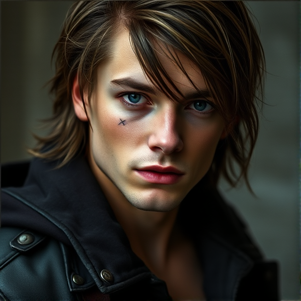cain slater. he is brunette with blue eyes and his hairstyle is similar to jason todd’s from the batfamily. he has a glasgow smile scar and two small X tattoos beneath his eyes. he is a fairly fit guy.