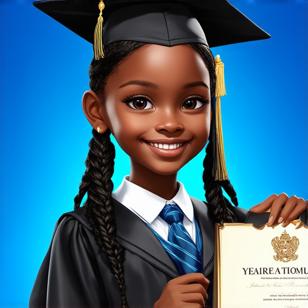 jeune fille noire de huit ans avec des tresses africaines traditionnelles, habillée élégamment pour une cérémonie de remise de diplôme, tenant son certificat, souriante et fière