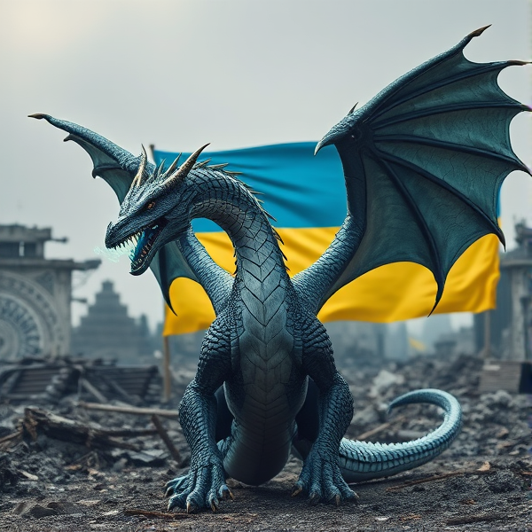 An exquisitely crafted dragon, sleek and aerodynamic, with a pair of majestic wings adorning either side of its sinewy frame. Its scales are a marvel of complexity. Plumes of digital smoke waft from its nostrils in sync with the deep, vibrating growls that reveal razor-sharp fangs aglow with electrical energy. To honor cultural heritage and solidarity, elements reflective of the Ukrainian flag's blue and yellow hues are weaved into the creature's design. The dragon stands dominant against a backdrop of stark ruin and decay characteristic of a world after collapse; in the distance unfurls the Ukrainian flag—halved horizontally, celestial blue atop vibrant yellow.