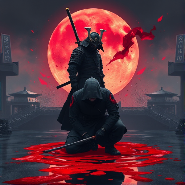 One samurai is standing behind a ninja that is kneeling in a pool of blood