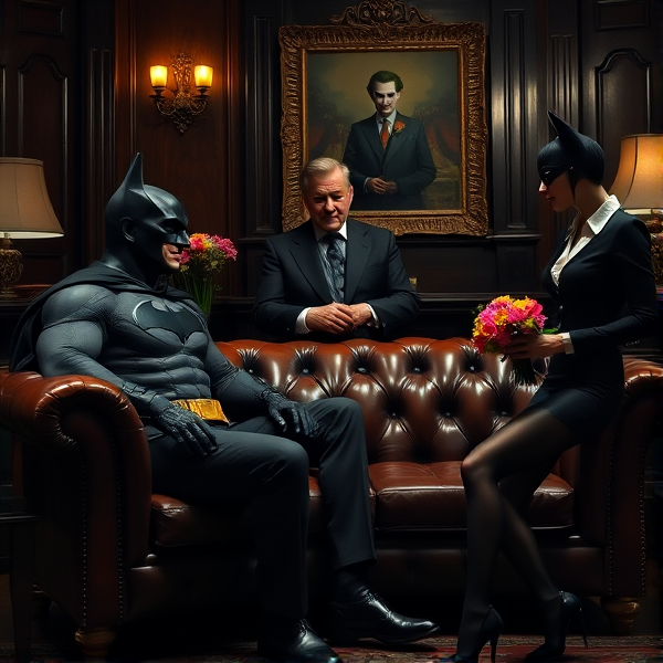 Batman assis sur un canapé Chesterfield vintage en cuir, face à un psychologue distingué qui le regarde attentivement, dans une ambiance sombre d'un bureau de style victorien. À leur côté, le Joker, affichant un sourire narquois, et Catwoman, élégamment vêtue de sa combinaison noire moulante, tenant délicatement un bouquet de fleurs aux couleurs vives. L'éclairage tamisé met en valeur la tension dramatique de la scène.